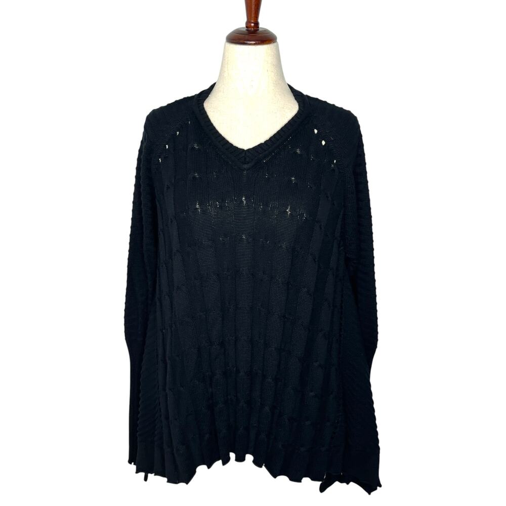 Planet Womens Sweater OS Black V-Neck Cable Knit Swing Pima Cotton Lagenlook